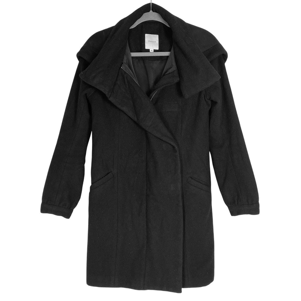 Mason Womens Sz 6 Small Hooded Trench Coat Black Wool Zip‎ Overcoat Classic Chic